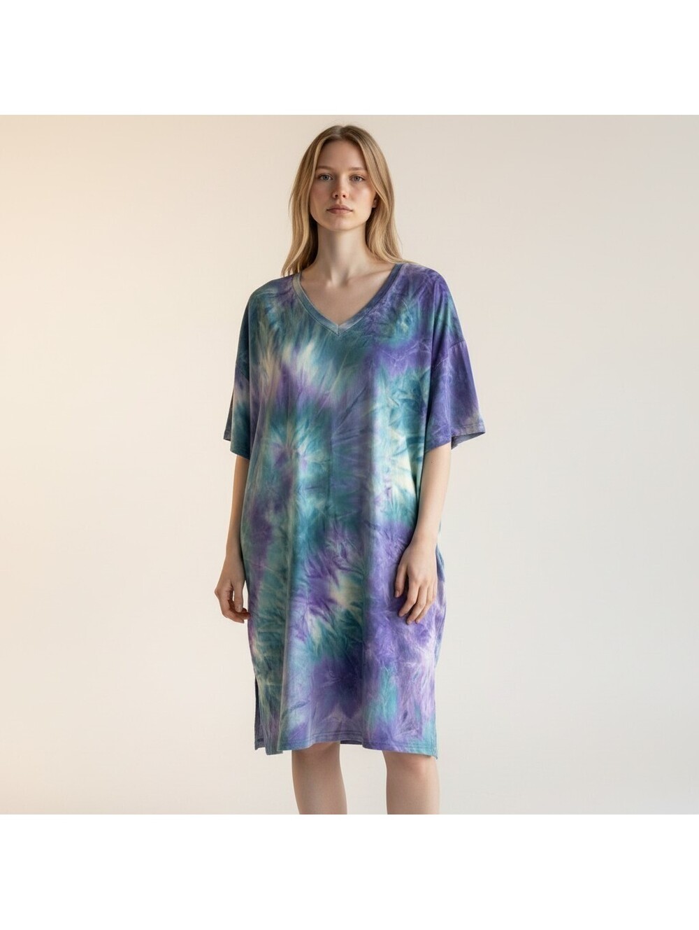 Daisy Night Gown Women L Large Blue Tie Dye Short Sleeve V-Neck Sleepwear